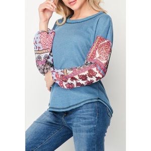 NEW BAEA Boho Blue Paisley Mix Long Sleeve Blouse